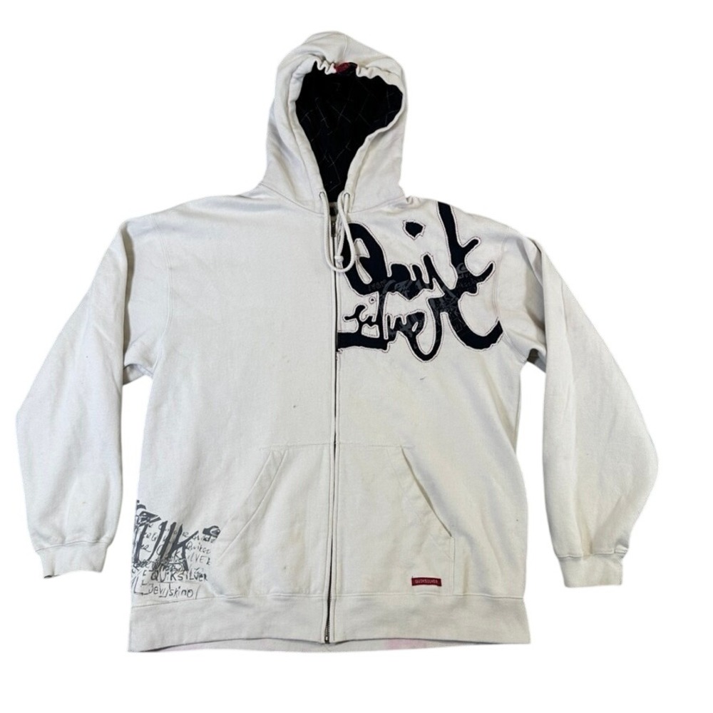 Quiksilver Mens Full Zip Hoodie Cream Y2K Graffiti Logo Thumbhole Cuffs XL